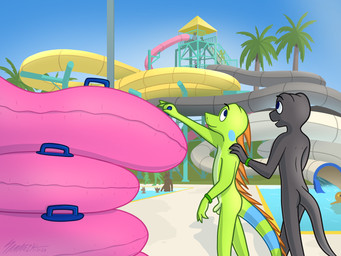 4_fingers amusement_park anthro back_spines balls biped blue_eyes blue_sky blue_stripes butt casual_nudity countershade_balls countershade_crotch countershade_genitalia countershade_penis countershade_torso countershading day detailed_background female fingers flaccid genitals grabbing_object green_body grey_body hand_on_shoulder inflatable inner_tube male markings neck_spines no_irises nude nude_anthro nude_female nude_male nudist open_mouth outdoor_nudity outside palm_tree partially_submerged penis plant pool_toy public public_nudity shadow sky slide social_nudity spines standing striped_markings striped_tail stripes swimming_pool tail tail_markings tail_spines tree water water_park water_slide white_sclera young young_anthro young_female young_male samareck iggy_thomson lori_chavez blue_tree_monitor iguana iguanid lizard monitor_lizard reptile scalie 2025 4:3 absurd_res dated digital_media_(artwork) hi_res shaded signature