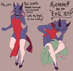 anthro black_eyes clothed clothing cloven_hooves crossdressing dialogue dress duo ears_down evil_grin evil_laugh exclamation_point femboy fur grey_background head_tuft hooves horn interrobang laugh legwear pelvic_curtain pink_nose pivoted_ears purple_body purple_fur red_clothing red_dress scut_tail sharp_teeth short_tail simple_background slit_dress smile solo_focus tail teeth text thigh_crush thigh_highs tremble_spikes tuft white_clothing white_legwear white_thigh_highs jarnqk anon linus_(jarnqk) bovid caprine goat mammal 2023 absurd_res digital_media_(artwork) english_text hi_res signature