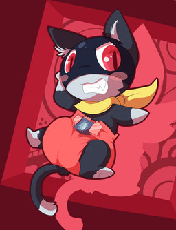 anthro black_body black_fur blush clean_diaper clothed clothing diaper diaper_fetish fur kerchief male markings mask red_background red_eyes simple_background solo tail tail_markings teeth wearing_diaper white_body white_fur bubblepuppers atlus megami_tensei persona_(series) persona_5 sega morgana_(persona) domestic_cat felid feline felis mammal tuxedo_cat 2015 hi_res