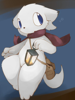 ambiguous_gender anthro blue_eyes featureless_crotch fire fur lamp lantern open_mouth scarf simple_background solo star walking white_body white_fur aoino canid canine mammal 2015 absurd_res character_request hi_res