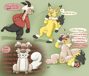 animal_genitalia anthro anthro_to_feral balls clothing dialogue drone dronification duo feral fur genitals goo_transformation hypnosis hypnotic_eyes hypnotic_visor latex male mind_control nude null open_mouth pawpads paws penis ringed_eyes sequential_arrow sheath simple_background speech_bubble submissive text transformation visor yellow_body yellow_fur jake_the_traveler nintendo pokemon bovid canid canine caprine eeveelution generation_1_pokemon generation_7_pokemon goat jolteon mammal pokemon_(species) rockruff absurd_res digital_media_(artwork) english_text hi_res sequence