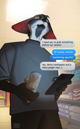 anthro bottomwear clothing detailed_background electronics figging frown ginger_root holding_object holding_phone male male_anthro nervous pants phone scared shirt shopping solo standing submissive submissive_anthro submissive_male text texting toothpaste topwear vyvs osvald_(vyvs) domestic_cat felid feline felis mammal oriental_shorthair absurd_res english_text hi_res