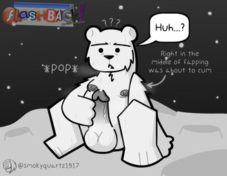 anthro balls belly big_balls bodily_fluids erection fur genital_fluids genitals humanoid_genitalia humanoid_penis looking_at_viewer male masturbation moon musk nipples nude overweight overweight_anthro overweight_male penile penile_masturbation penis solo space sweat text white_body smokyquartz1917 asdfmovie desmond_the_moon_bear bear mammal artist_name digital_drawing_(artwork) digital_media_(artwork) english_text hi_res