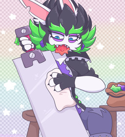 4_fingers amethyst_(gem) anthro bag bent_arm black_clothing black_gloves black_handwear black_jacket black_topwear blue_eyes blue_pupils bottomwear checkered checkered_background cheek_tuft claws cleaning_sword clothed clothed_anthro clothing ear_tuft eyebrows eyelashes facial_tuft female female_anthro finger_claws fingerless_gloves fingers food_in_mouth fully_clothed fully_clothed_anthro fur furniture gem gloves green_eyebrows green_hair grey_bottomwear grey_clothing grey_pants hair handwear holding_cloth holding_melee_weapon holding_object holding_sword holding_weapon jacket light long_ears melee_weapon multicolored_hair narrowed_eyes noseless notched_ear open_clothing open_jacket open_topwear pants pattern_background pink_inner_ear pupils purple_clothing purple_ear_piercing purple_eyelids purple_shirt purple_topwear sharp_teeth shirt short_hair simple_background sitting_on_stool solo spiky_hair squint star_(shape) star_bit sword table teeth thick_eyebrows topwear torn_bottomwear torn_clothing torn_pants tuft two_tone_hair weapon white_body white_fur wood wood_furniture wood_table gaypastabake mario_bros mario_plus_rabbids_sparks_of_hope nintendo raving_rabbids rayman_(series) super_mario_galaxy ubisoft edge_(mario_plus_rabbids) lagomorph mammal rabbid 2024 colored digital_drawing_(artwork) digital_media_(artwork) english_description hi_res lighting shaded