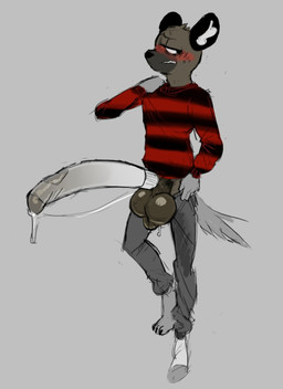 anthro balls big_balls biped blush bodily_fluids bottomwear clothed clothing cock_sock dripping embarrassed erection footwear genital_fluids genital_raphe genitals grey_background half-closed_eyes hand_on_shoulder hyper_long_penis long_penis male narrowed_eyes one_sock_on pants partially_clothed pattern_clothing pattern_sweater pattern_topwear penis penis_clothing precum precum_drip precum_through_clothing raphe_(anatomy) scrotal_raphe scrotum_flap simple_background socks solo striped_clothing striped_sweater striped_topwear stripes sweater tail topwear wet wet_clothing harlequinkiller aggretsuko sanrio haida_(aggretsuko) hyena mammal english_description