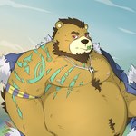 anthro beard belly big_belly black_nose brown_body cute_fangs facial_hair fangs kemono leaf male moobs nipples overweight overweight_male red_eyes solo teeth mtflying30371 bear mammal 1:1 2017 hi_res