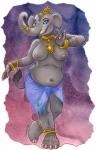 anthro big_breasts blue_eyes bracelet breasts clothed clothing female henna jewelry looking_at_viewer navel necklace nipples slightly_chubby solo topless trunk tusks caribou_(artist) elephant elephantid mammal proboscidean 2017 hi_res