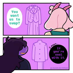 2_horns 2_panel_comic anthro biped border bottomwear bow_ribbon brown_hair clothed clothed_anthro clothed_female clothed_male clothing clothing_store dialogue duo female female_anthro floppy_ears fur grin hair horn long_hair male male_anthro outside_panel pink_background pink_horn purple_body purple_scales question_mark rear_view scales simple_background skirt smile speech_bubble store talking_to_another teeth text three-quarter_view white_body white_border white_fur yellow_teeth unamusedyams deltarune undertale_(series) ralsei susie_(deltarune) bovid caprine darkner goat mammal scalie 1:1 2026 artist_name comic digital_drawing_(artwork) digital_media_(artwork) hi_res trans_(lore) trans_woman_(lore)