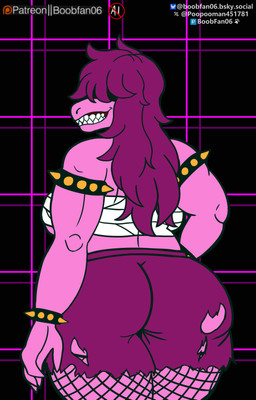 alternate_color alternate_costume anthro back_boob bandage bandage_on_breasts bandaged_chest bared_teeth big_breasts big_butt bottomwear bracelet breasts butt butt_focus chest_wraps clothing female fishnet_clothing fishnet_legwear fishnet_socks geometric_background grid_background hair hair_over_eye jewelry legwear long_hair looking_at_viewer looking_back magenta_hair messy_hair muscular muscular_female non-mammal_breasts pants patreon_username pattern_background pink_body purple_bottomwear purple_clothing purple_shorts sharp_teeth shorts simple_background smile smirk solo spiked_bracelet spikes tailless teeth text topwear torn_bottomwear torn_clothing torn_shorts under_boob white_clothing white_topwear wraps y_shaped_butt_crack boobfan06 deltarune undertale_(series) susie_(deltarune) scalie 2025 artist_name flat_colors hi_res