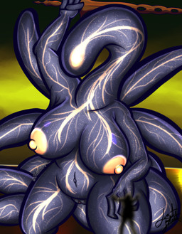 anthro areola big_breasts big_butt breasts butt crossgender female genitals glowing glowing_genitalia glowing_markings glowing_nipples glowing_vulva huge_breasts markings melee_weapon nipples nude nude_anthro nude_female size_difference slightly_chubby sword tail tentacles vulva weapon tkho elden_ring fromsoftware elden_beast_(elden_ring) humanoid mammal monster absurd_res hi_res