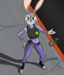 3_toes 4_fingers absurd_res anthro breasts closed_smile clothed clothing cuff_(restraint) disney eyebrows feet female fingers fur grey_body grey_fur grey_nose handcuffs happy hi_res judy_hopps lagomorph leporid luxivox mammal medium_breasts metal_cuffs mouth_closed outside rabbit raised_eyebrow restraints shadow signature smile solo toes topwear zootopia