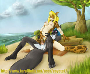 anthro anthro_on_anthro beach big_feet black_body black_fur black_nipples black_nose black_vulva blonde_hair blue_hair breasts brown_body brown_fur claws clitoris cloud collar digitigrade duo ear_piercing ear_ring erection eyewear feet female female_on_top female_penetrated fur genitals glasses green_eyes hair herm herm/female herm_on_bottom herm_penetrating herm_penetrating_female hip_grab intersex intersex/female intersex_on_bottom intersex_penetrating intersex_penetrating_female knot log markings navel navel_piercing nipples nude on_bottom on_top open_mouth outside penetration penile penile_penetration penis penis_in_vagina piercing plantigrade reverse_cowgirl_position ring_piercing sackless seaside sex sex_on_the_beach sky spots spotted_body spotted_fur spotted_markings spread_legs spread_vulva spreading tail vaginal vaginal_penetration vulva white_body white_fur wood yellow_eyes coyotek geno_e._vefa_(coyotek) rina_(runei) canid canine domestic_cat felid feline felis fox mammal 2008 distracting_watermark watermark