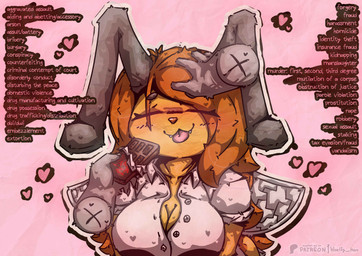 antennae_(anatomy) anthro bdsm big_breasts blush breasts candy chocolate cleavage clothed clothing collared_shirt crime criminal cute_fangs dessert disembodied_hand dress_shirt fangs female fingers food front_view fur glistening glistening_body glowing hair headpat petplay petting puppyplay roleplay shirt simple_background smile solo submissive tail teeth text thug tongue topwear wings yellow_body khalfy_kun rebekah_(khalfy_kun) arthropod bee hymenopteran insect absurd_res english_text hi_res