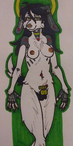 anthro areola black_hair breasts exposed_endoskeleton female fur genitals green_outline hair halo long_hair machine navel nipples nude nude_anthro nude_female outline robot_ears robot_eyes robot_hand robotic_joints simple_background solo tail unusual_eyes vulva walking white_body white_fur womb_tattoo spacewhaleworship bridgette_(thighlordash) canid canine canis domestic_dog fox_terrier hunting_dog mammal robot robot_anthro terrier absurd_res hi_res marker_(artwork) traditional_media_(artwork)