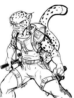 anthro backpack belt black_eyes bottomwear clothed clothing fur looking_at_viewer male markings muscular muscular_anthro muscular_male pants rope scope silencer simple_background solo spots spotted_body spotted_fur weapon white_background zillford sargonus_the_cheetah cheetah felid feline mammal 2007 black_and_white digital_media_(artwork) monochrome