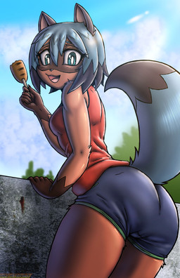 anthro black_hair blue_hair bottomwear breasts butt butt_pose clothed clothing facial_markings female food fur hair head_markings markings open_mouth plant pose shirt shorts sky solo tan_body tan_fur topwear tree viroveteruscy brand_new_animal studio_trigger michiru_kagemori canid canine mammal raccoon_dog tanuki 2021 absurd_res digital_media_(artwork) hi_res