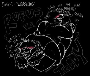 4_toes anthro armpit_hair black_background blush body_hair bottomwear butt clothed clothing duo feet hair hair_over_eyes laugh male open_mouth open_smile simple_background smile tail teeth tickle_fetish tickle_fight tickling tickling_feet toes tongue topless topless_anthro topless_male teddypaws rufus_(ursamagnum) teddy_(teddypaws) bear mammal hi_res