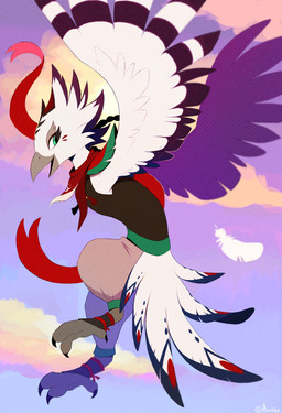 anthro beak biped claws clothed clothed_anthro clothed_male clothing cloud feathers feet male outside sky smile solo tail toes wings aseethe nintendo the_legend_of_zelda avian rito 2026 digital_drawing_(artwork) digital_media_(artwork) hi_res