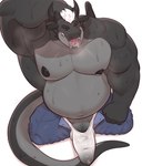 anthro barazoku belly big_belly big_muscles big_pecs big_penis black_body blush bodily_fluids bottomwear breath bulge clothed clothing detailed_bulge erection eyes_closed genital_fluids genital_outline genitals hair high-angle_view horn kneeling male musclegut muscular muscular_male musk musk_clouds musky_armpit nipples open_bottomwear open_clothing open_pants overweight panting pants pecs penis penis_base penis_outline precum precum_through_clothing precum_through_underwear raised_arm saliva saliva_on_tongue simple_background solo sweat sweaty_tail tail tenting tongue tongue_out topless underwear wet wet_clothing white_background white_hair same22shark european_mythology mythology black_(thesharksame) dragon mythological_creature mythological_scalie scalie western_dragon absurd_res hi_res