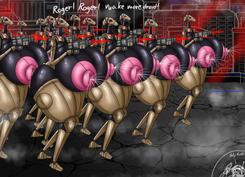 areola big_breasts big_butt big_nipples bodily_fluids breasts building butt city female group gun handgun holding_gun holding_object holding_ranged_weapon holding_weapon huge_breasts huge_butt huge_hips huge_nipples huge_thighs lactating machine nipples non-mammal_breasts non-mammal_nipples not_furry nude outside ranged_weapon road standing text thick_thighs weapon wide_hips vf-01s star_wars b1_battle_droid battle_droid humanoid robot 2025 english_text hi_res