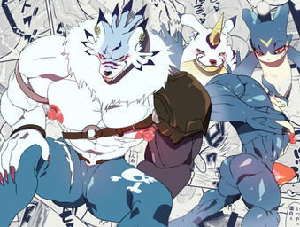 abs anthro armor belt biceps big_muscles big_nipples black_nose blue_body blue_bottomwear blue_clothing blue_fur blue_jeans blue_pants bottomwear claws clothed clothing denim denim_bottomwear denim_clothing duo erection erection_under_clothing facial_horn front_view fur horn huge_muscles jeans looking_at_viewer male mane muscular muscular_anthro muscular_arms muscular_male nipples nose_horn pants pecs pink_tongue quads red_clothing red_nipples red_underwear side_view sitting snout tenting text tongue torn_clothing triceps underwear underwear_only white_body white_fur white_mane hatake bandai_namco digimon mythology canid canine canis digimon_(species) dragon exveemon gabumon mammal mythological_creature mythological_scalie scalie veemon weregarurumon wolf 2020 comic cover hi_res japanese_text