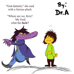 ambiguous_gender angry anthro bottomwear brown_hair claws clothing denim denim_bottomwear denim_clothing dialogue duo female footwear front_view frown hair hair_over_eyes humor jacket jeans looking_at_another looking_back looking_back_at_another messy_hair narration pants profanity purple_body purple_scales rhyme scales shirt shoes side_view simple_background standing style_emulation text topwear torn_bottomwear torn_clothing torn_jeans torn_pants walking yellow_body yellow_sclera yellow_skin dr_angel deltarune dr._seuss kris_where_are_we undertale_(series) kris_dreemurr susie_(deltarune) dinosaur human mammal prehistoric_species reptile scalie 1:1 english_text hi_res meme signature