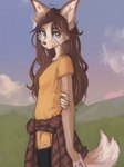 5_fingers anthro bottomwear breasts brown_body brown_fur brown_hair brown_tail clothed clothed_anthro clothed_female clothing cloud female fingers fully_clothed fully_clothed_anthro fully_clothed_female fur green_eyes hair inner_ear_fluff long_hair looking_at_viewer outside sky small_breasts smile solo standing star tail topwear tuft yshanii cotton_(yshanii) canid canine canis dingo mammal 2025 digital_media_(artwork) hi_res