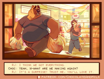 anthro belly big_belly black_hair blue_bottomwear blue_clothing blue_pants blue_shirt blue_t-shirt blue_topwear bottomwear brown_body brown_bottomwear brown_clothing brown_fur brown_pants clothed clothing duo fur gloves_(marking) grey_clothing grey_shirt grey_t-shirt grey_topwear hair holding_bag holding_groceries long_hair male markings moobs obese obese_anthro obese_male open_mouth orange_body orange_fur overweight overweight_anthro overweight_male pants shirt t-shirt text topwear walking chocolateandmilk bear felid mammal english_text hi_res