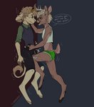 anthro antlers attack ballbusting black_bottomwear black_clothing black_shorts blonde_hair bottomwear brown_body brown_hair clothed clothing cock_and_ball_torture crotch_attack duo ear_piercing ear_stud ears_back eye_contact genital_torture green_bottomwear green_clothing green_topwear hair horn looking_at_another male mouth_closed narrowed_eyes open_mouth open_smile piercing pivoted_ears short_hair shorts simple_background smile speech_bubble standing text topwear wavy_mouth yellow_body yellow_eyes bucklucky lucky_(bucklucky) bovid caprine deer goat mammal new_world_deer white-tailed_deer english_text hi_res trans_(lore) trans_man_(lore)