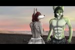 anthro bikini clothed clothing duo eyewear female film_scenes glasses green_body green_hair grey_body hair male male/female muscular muscular_male pubes red_hair romantic romantic_couple simple_background sky smile swimwear text two-piece_swimsuit moiidesho dess_(moiidesho) suki_(moiidesho) canid canine canis fox mammal wolf absurd_res digital_media_(artwork) hi_res