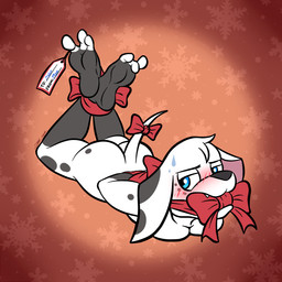 3_toes ankles_tied anthro bdsm blush bondage bound bow_ribbon breast_squish breasts butt feet feet_up female fingers fur gag gagged gift_wrapped half-closed_eyes hands_tied hands_tied_behind_back holidays implied_incest improvised_gag looking_at_viewer lying markings narrowed_eyes on_front open_mouth plantigrade ribbons simple_background soles solo spots spotted_body squish submissive tail text toe_tag toes white_body white_fur bassybefuddle conditional_dnp 101_dalmatian_street 101_dalmatians christmas disney dolly_(101_dalmatians) canid canine canis dalmatian domestic_dog mammal 1:1 digital_media_(artwork) english_text hi_res