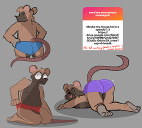 anthro ass_up big_butt butt clothed clothing feet fur kneeling male multiple_poses paws pose slightly_chubby solo speedo swimwear tail text thick_thighs topless mrpawpaw ngl mammal mouse murid murine rodent digital_media_(artwork) english_text hi_res sketch url