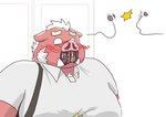 anthro belly big_belly blush clothing kemono male open_mouth red_body shirt solo surprised topwear hon55728 mammal suid suine sus_(pig) wild_boar 2025 hi_res