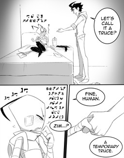 aged_up ahoge antennae_(anatomy) bald bed black_hair blush clothed clothing detailed_background dialogue duo eyewear furniture gesture glasses hair handshake male not_furry on_bed pak sitting sitting_on_bed size_difference speech_bubble text topwear inimoose invader_zim nickelodeon dib_membrane zim_(invader_zim) alien alien_humanoid human humanoid irken mammal comic digital_media_(artwork) english_text hi_res irken_text monochrome translated