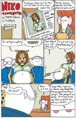 abdominal_bulge after_vore anthro asian_clothing belly big_belly blue_clothing bottomwear brown_body brown_fur brown_hair cigarette cigarette_in_mouth clothing crop_top dialogue east_asian_clothing eyewear female female_pred fur group hair inside japanese_clothing japanese_school_uniform male object_in_mouth overweight school_uniform serafuku shirt skirt smoking smoking_cigarette speech_bubble sunglasses text topwear tracksuit uniform vore white_body white_fur s.sakurai felid mammal mouse murid murine rodent comic english_text