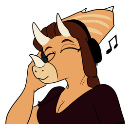 3_horns anthro breasts brown_body brown_hair brown_scales cleavage clothed clothing electronics eyes_closed facial_horn female frill_(anatomy) hair headphones horn listening_to_music multi_horn multicolored_body multicolored_scales musical_note musical_symbol nose_horn scales simple_background smile snout solo symbol tan_body tan_scales two_tone_body two_tone_scales white_background arsenic_iii cavemanon_studios i_wani_hug_that_gator background_character marceline_(iwhtg) ceratopsian ceratopsid chasmosaurine dinosaur marginocephalian ornithischian prehistoric_species reptile scalie triceratops 2025 digital_drawing_(artwork) digital_media_(artwork)