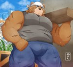 anthro band-aid bandage belly big_belly bodily_fluids bottomwear brown_body clothing construction_worker detailed_background humanoid_hands kemono male musclegut muscular outside overweight overweight_male pants solo sweat nisikemo bear mammal 2022