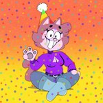 anthro belt cleavage_cutout clothed clothing confetti cutout female hair hat headgear headwear jumper party_hat raised_hand short_hair simple_background sitting sitting_on_ground smile solo teeth creator_ant amy_(creator_ant) 1:1 hi_res