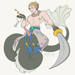 abs apode barazoku belt blonde_hair bottomwear clothed clothing coin ear_piercing ear_ring erection fin genitals hair jewelry legless looking_at_viewer male melee_weapon necklace nipples pecs penis piercing rapier ring_piercing rope rope_belt seashell shell skirt solo split_form sword waist weapon frankly-art teo_(tittle_moon) animal_humanoid aquatic aquatic_humanoid eel eel_humanoid fish fish_humanoid humanoid merfolk 1:1