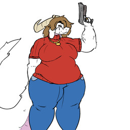 anthro big_breasts blue_bottomwear blue_clothing blue_jeans blue_pants bottomwear breasts broken_horn brown_hair clothing denim denim_bottomwear denim_clothing digit_ring female floppy_ears fur gold_(metal) gold_jewelry gold_necklace gun hair handgun holding_gun holding_object holding_ranged_weapon holding_weapon horn jeans jewelry necklace overweight overweight_anthro overweight_female pants pistol ranged_weapon red_clothing red_sweater red_topwear ring slightly_chubby slightly_chubby_anthro slightly_chubby_female solo sweater thick_thighs topwear weapon wedding_ring white_body white_fur wide_hips systemshutdown34 mythology athena_(unknownaccount11) dragon furred_dragon furred_scalie mythological_creature mythological_scalie scalie 1:1 2026 digital_drawing_(artwork) digital_media_(artwork) hi_res