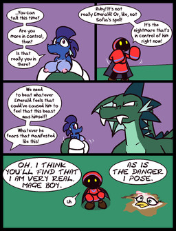 anthro beak big_breasts black_body blue_clothing blue_hood blue_robe breasts brown_shes cape carrying_another clothing dialogue fangs feral flattened green_body green_hair green_scales hair larger_feral larger_male male nipples no_pupils nude pink_nipples purple_body purple_eyes purple_hair purple_scales red_cape red_clothing red_hood red_robe robe scales sharp_teeth size_difference smaller_anthro smaller_feral smaller_humanoid smaller_male speech_bubble teeth text white_eyes yellow_beak yellow_eyes ultilix european_mythology mythology emerald_(ultilix) leo_the_magician ruby_(ultilix) avian dragon gryphon humanoid mythological_avian mythological_creature mythological_scalie scalie shadow_creature western_dragon 2026 comic english_text hi_res brother_(lore) brother_and_sister_(lore) sibling_(lore) sister_(lore)