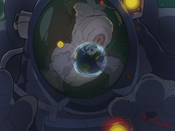 anthro balls genitals hyper looming macro male muscular penis solo space toony megfluff pixel hi_res