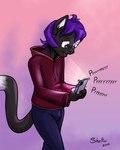 anthro black_body black_fur black_nose cellphone clothed clothing dipstick_tail electronics fur hair hoodie male markings phone purple_eyes purple_hair solo tail tail_markings topwear shieltar domestic_cat felid feline felis mammal 2020 hi_res