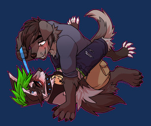 age_difference aged_up alternate_species anthro anthrofied barefoot bedroom_eyes blue_eyes blush claws clothed clothing collar dark_hair domination/submission duo eye_contact feet floppy_ears fur furrification green_hair grey_body grey_fur hair highlights_(coloring) leash leash_pull leashed_collar legs_up looking_at_another male male/male narrowed_eyes orange_eyes piercing seductive snout spiked_collar spikes tail xiamtheferret cartoon_network teletoon total_drama chris_mclean duncan_(total_drama) canid canine canis domestic_dog mammal procyonid raccoon 2019 6:5 alpha_channel