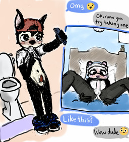 age_difference anthro backwards_hat bed blush bottom_view bottomwear bottomwear_down butt cellphone clothed clothing clothing_lift duo electronics embarrassed emoji erection furniture genitals gesture hand_gesture hand_on_butt hand_on_own_butt hat headgear headwear looking_at_viewer lying male male/male nightcap on_back pants pants_down partially_clothed penis phone plushie pointy_ears selfie sending_nudes sexting shirt shirt_in_mouth shirt_lift shota smartphone spread_legs spreading taking_picture teddy_bear texting toilet topwear v_sign young younger_male wooooof cartoon_network summer_camp_island max_(sci) pepper_corn bat bear giant_panda mammal vampire hi_res