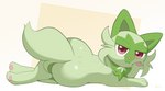 ambiguous_gender big_butt butt feral fur green_body looking_at_viewer smug solo sspore nintendo pokemon felid generation_9_pokemon mammal pokemon_(species) sprigatito digital_media_(artwork) hi_res