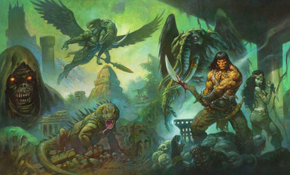 ambiguous_gender black_hair blood bodily_fluids bone bottomwear breasts building clothing dagger feathered_wings feathers female feral flying for_a_head forked_tongue glowing glowing_eyes green_body green_scales group hair holding_dagger holding_melee_weapon holding_object holding_polearm holding_spear holding_weapon male melee_weapon muscular muscular_male open_mouth outside pants polearm scales skull smoke spear temple tongue tower tusks weapon wings alex_horley conan_the_barbarian_(franchise) modiphius_entertainment conan_the_barbarian animal_head animal_humanoid elephant elephantid human humanoid mammal proboscidean reptile scalie undead zombie official_art