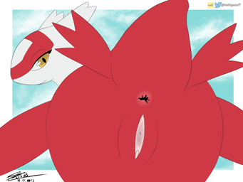 anus female genitals looking_at_viewer looking_back presenting presenting_anus presenting_vulva simple_background solo vulva balthysstuff nintendo pokemon generation_3_pokemon latias legendary_pokemon pokemon_(species) 4:3 absurd_res hi_res