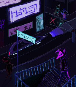ambiguous_gender anthro car city collar cyberpunk detailed_background fur group hand_in_pocket hood leash night outside pink_body pink_fur pockets road sign stairs vehicle demensa canid canine mammal 2019 digital_media_(artwork) pixel_(artwork)