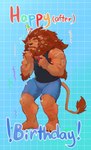 anthro arm_hair armpit_hair blush body_hair bulge clothed clothing fur hair leg_hair male mane muscular muscular_male simple_background solo tail text tem1tem felid lion mammal pantherine digital_media_(artwork) hi_res